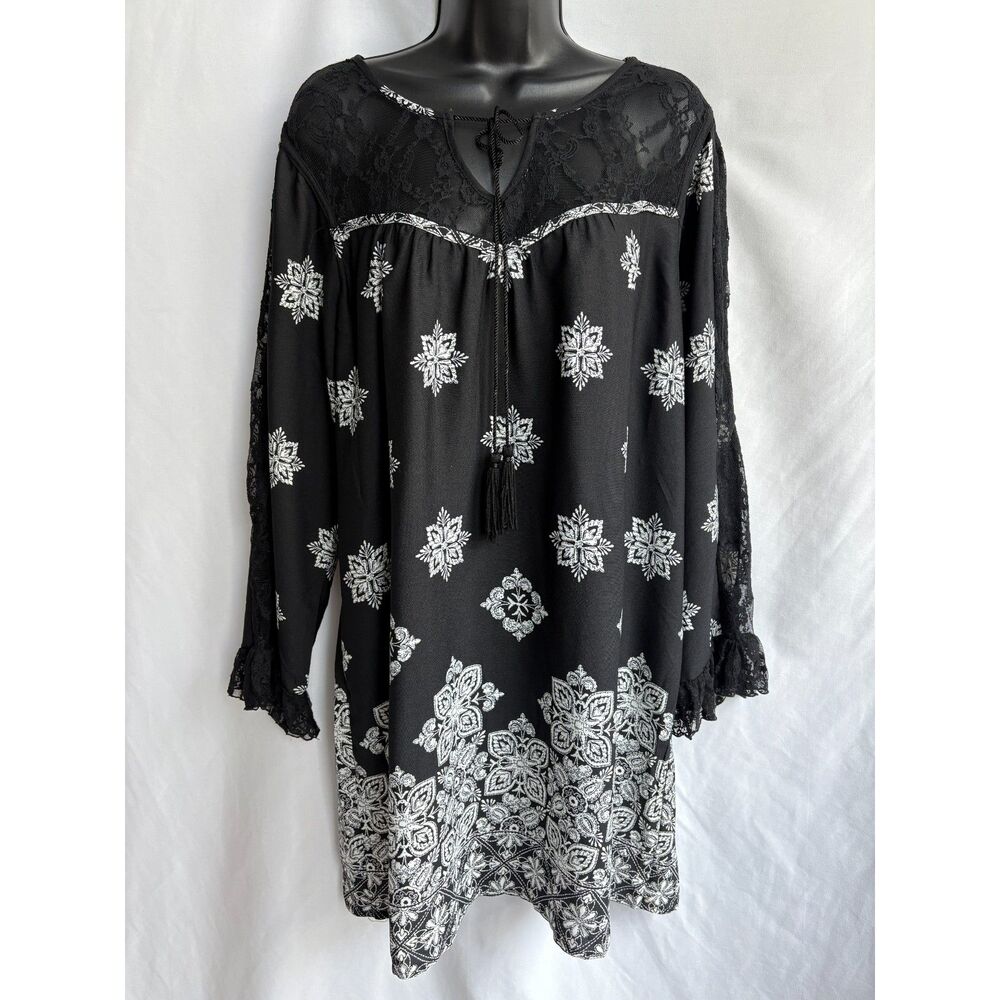 Venus Boho Long Sleeve Tunic Dress Beach Cover Up Lace Size L Bohemian Romantic